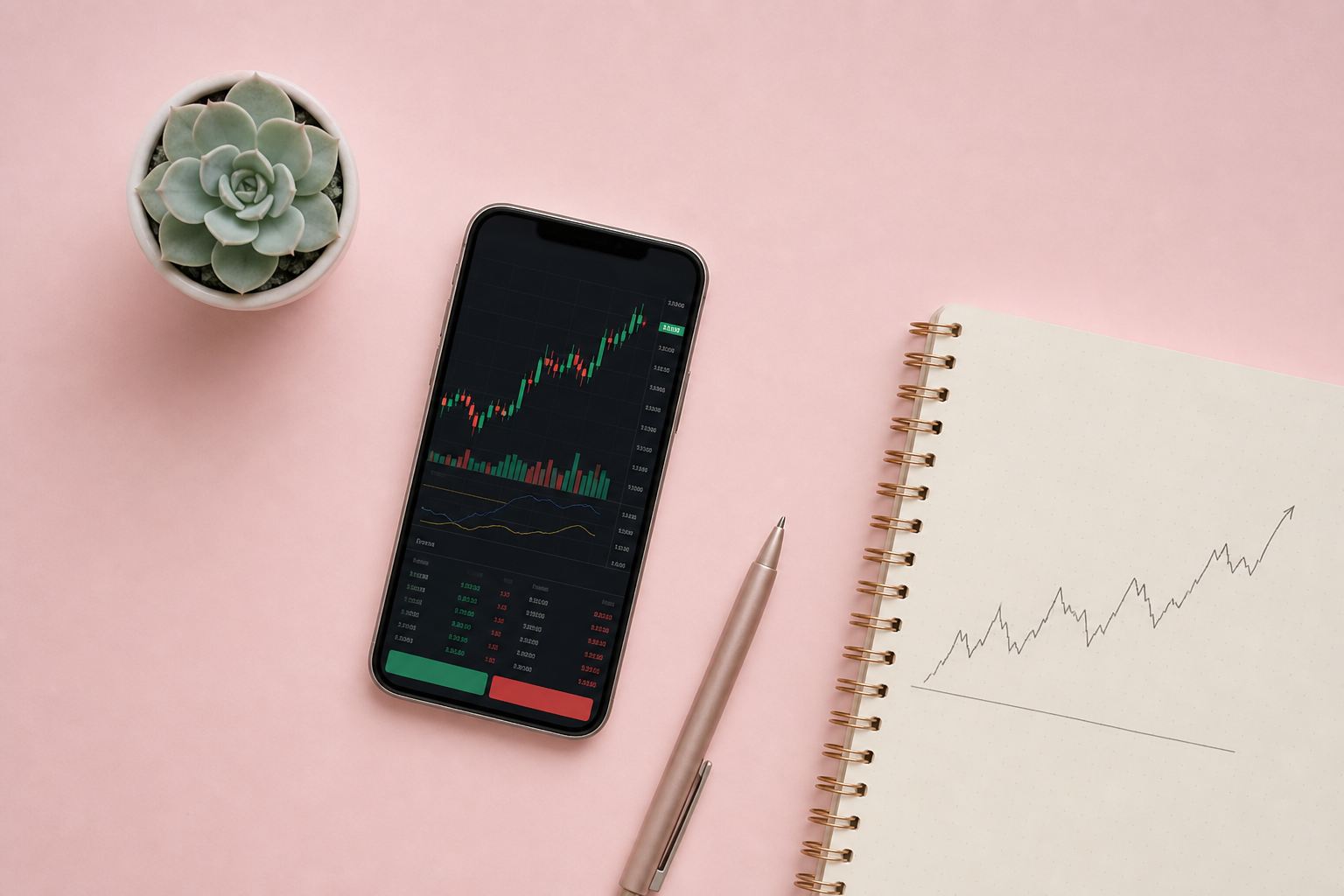 スマートフォンの株価画面とノートで取引条件を確認するイメージ